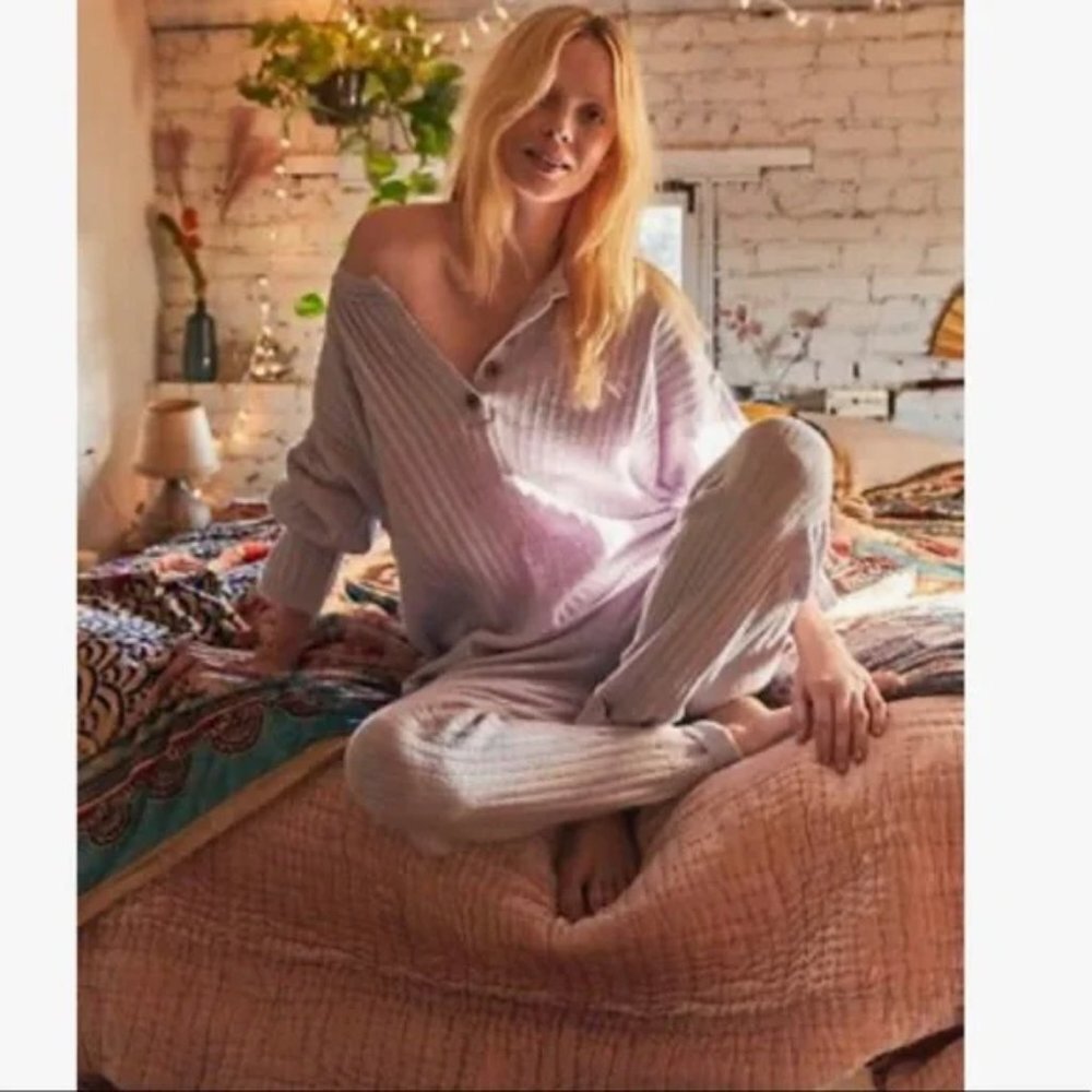 Free People Cream Ribbed Track Pants - Picture 7 of 15